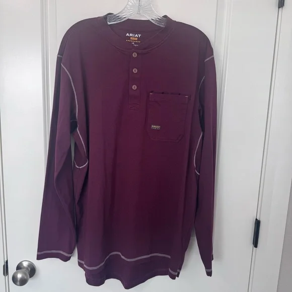 Ariat Rebar Long-Sleeve 3-Button Henley Work Shirt, Burgundy, Large, EUC - Picture 11 of 11